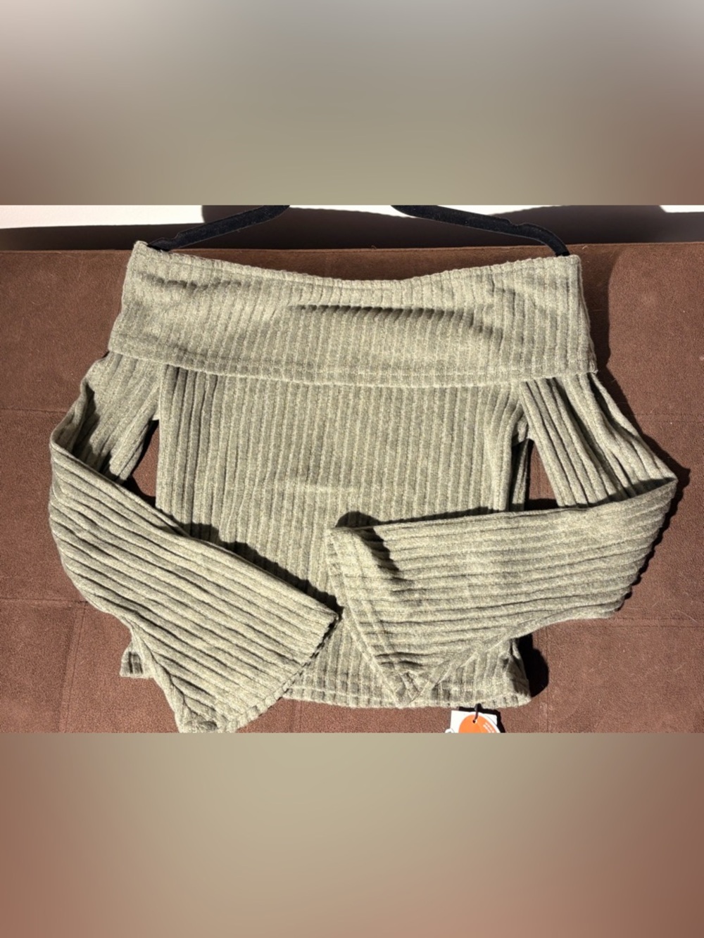 Off-the-Shoulder Ribbed Knit Sweater in Olive Green